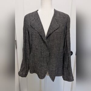 Eileen Fisher Womens Linen Blend Open Blazer Size S Black White Tweed Raw Hem